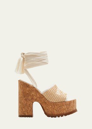 Gal Raffia Cork Ankle-Tie Platform Sandals-AB