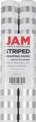 JAM Paper & Envelope 2ct Striped Gift Wrap Rolls Silver/White