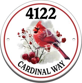 Red Cardinal Perch Themed Ceramic House Number Circle Tile, Wilderness Address Door Sign, Wild Birds