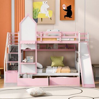 NINEDIN Twin Over Twin Castle Style Bunk Bed with 2 Drawers 3 Shelves & Slide