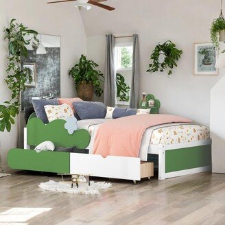 IGEMAN Green Twin Size Platform Bed Grass Hill and Trees Decor With 2 Drawers For Kids Boys Girls Home Art