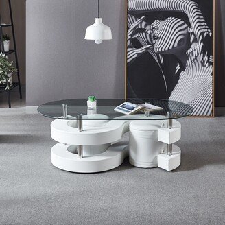 EYIW 3 Pieces Coffee Table Set, Oval 10mm and 0.39 Thick Tempered Glass Table and 2 Leather Stools