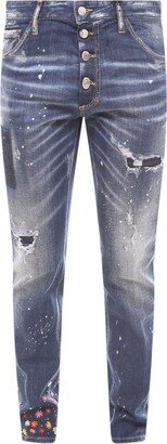 Floral Embroidered Distressed Slim-Fit Jeans