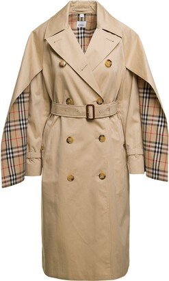 Beige Trench Coat with Cape Lined Sleeves in Cotton Woman