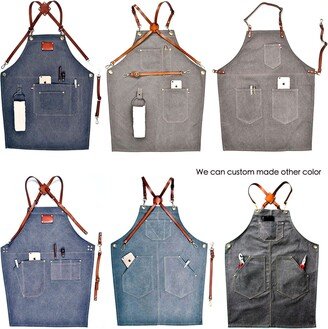 Thin Denim Apron For Kitchen /Coffe Shop Studio Genuine Leather Belt Cross Straps Can Custom Made Your Logo