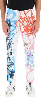 Distressed Graffiti-Printed Loose Jeans