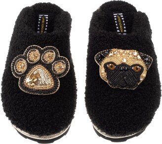 Laines London Teddy Towelling Closed Toe Slippers With Franki & Paw Brooch - Black