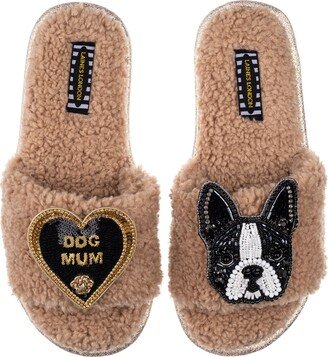 Laines London Teddy Towelling Slipper Sliders With Buddy & Dog Mum Brooches - Toffee