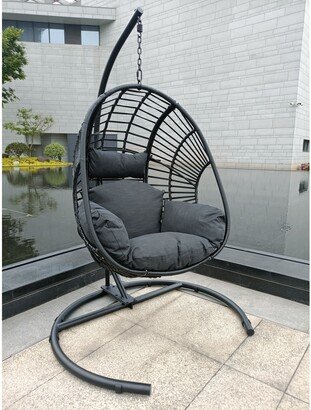 TOSWIN High Quality Outdoor Indoor Black Color PE Wicker Swing Egg Chair with Antracite Color Cushion and Black Color Base