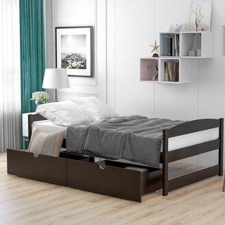 EDWINRAY Twin Platform Bed with 2 Drawers, Solid Wood Daybed Frame w/Wood Slats Support for Dorm Bedroom, No Box Spring Needed, Espresso