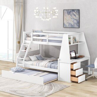 EDWINRAY Twin over Full Wooden Bunk Bed, with Three Storage Drawers and Shelf, Storage Trundle Bed with Built-in Desk
