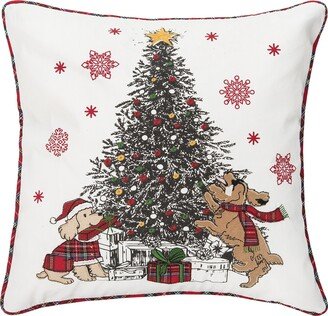 Festive Dogs Around Tree 18 x 18 Embellished Throw Pillow