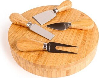 Bamboo 6Pc Round Covered Cheese Board Set, with 4 Tools, 8.7x1.5