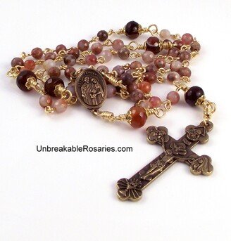 Bronze Holy Family Spirit Rosary in Aqua Nueva Jasper & Brown Agate W Italian Medals By Unbreakable Rosaries