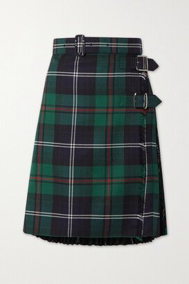 Belted Frayed Checked Wool Skirt - Green