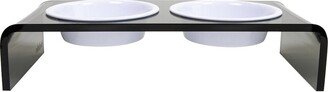 Hiddin Small Smoke Grey Double Bowl Pet Feeder With White Bowls-AA