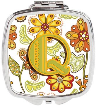 CJ2003-QSCM Letter Q Floral Mustard & Green Compact Mirror