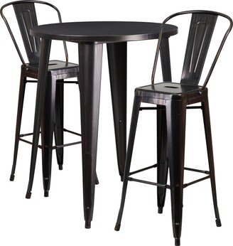 30'' Round Metal Indoor-Outdoor Bar Table Set with 2 Cafe Stools - 30W x 30D x 41H-AA