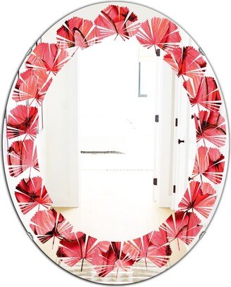 Designart 'Coral Pink Butterflies' Printed Modern Round or Oval Wall Mirror - Leaves