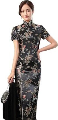 PAVOY Summer New Women Sexy Cheongsam Elegant Vintage Mandarin Collar Chinese Dress Long Satin Flower Qipao Split Vestidso (Color : Black B