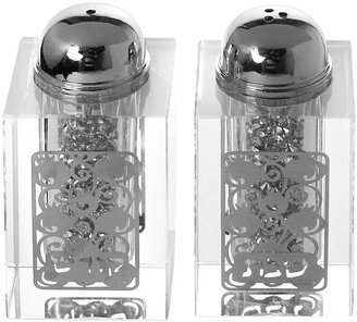 Schonfeld Collection Crystal Salt And Pepper Shaker Set Broken Glass & Silver Design 3H