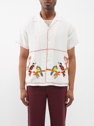 HARAGO Bird-embroidered Linen Shirt