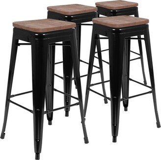 30 High Metal Indoor Bar Stool with Wood Seat in Black - Stackable Set of 4