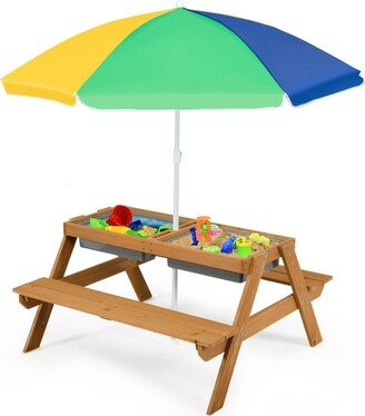 3-in-1 Kids Picnic Table Wooden Outdoor Sand & Water Table w/Umbrella Play Boxes