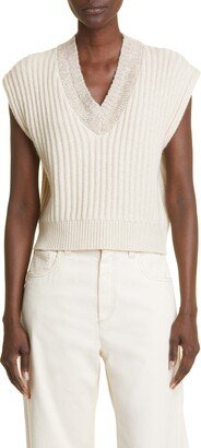 Varsity Sleeveless Sequin V-Neck Cashmere Sweater