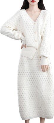 Hamthuit Women Wool Set Knitted V-Neck Cardigan Women's Sweater Half Skirt Women's Cashmere Two Piece Set White S