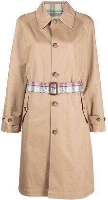 Check-Belt Cotton Trench Coat