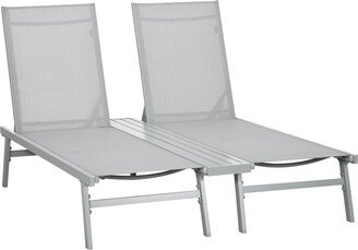 Chaise Lounge Pool Chairs, Conjoined Set of 2 Outdoor Sun Tanning Chairs with Five-Position Reclining Back, Shelf & Breathable Mesh for Beach