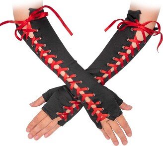 Skeleteen Girls Fingerless Lace-up Gloves - Black and Red