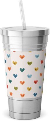 Travel Mugs: Cute Colored Hearts - Multi Stainless Tumbler With Straw, 18Oz, Multicolor