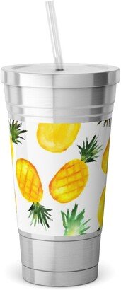 Travel Mugs: Watercolor Pineapples - Yellow Stainless Tumbler With Straw, 18Oz, Yellow