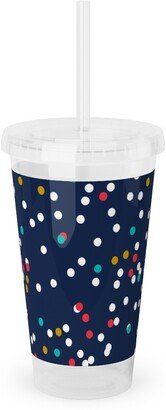 Travel Mugs: Fun-Fetti - Polka Dot - Navy Blue Acrylic Tumbler With Straw, 16Oz, Blue