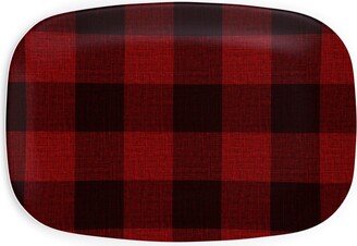 Serving Platters: Linen Look Gingham Lumberjack - Red, Black Serving Platter, Red