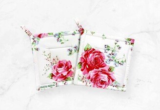 Pink Roses & Blue Bells Potholders - Audrey Belisle