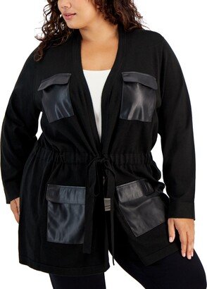 Size Faux-Leather-Pockets Cardigan