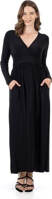 24seven Comfort Apparel Womens Long Sleeve V Neck Side Slit Maxi Dress-Black-L