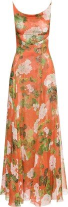 Geranium-Print Silk Chiffon Gown