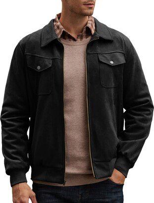 Men's Turn-Down Collar Suede Leather Trucker Jacket Motorcycle Goat Black