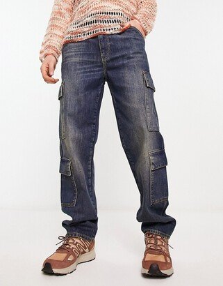 wide leg jeans with cargo pockets in dark tint