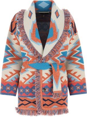 Jacquard Fringed Belted Cardigan