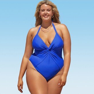 Women's Plus Size Twisted Halter One Piece Swimsuit 0X-Blue