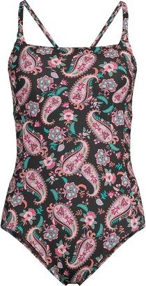 Women's Chlorine Resistant Smocked Square Neck One Piece Swimsuit with Adjustable Straps - X-Small - Black Multi Paisley Floral