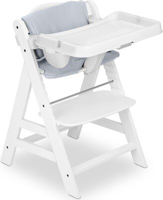 AlphaPlus Grow Along White Wooden High Chair, Tray Table, & Grey Cushion - 16.5