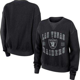 Women's Wear by Erin Andrews Black Distressed Las Vegas Raiders Vintage-Like Corduroy Pullover Sweatshirt