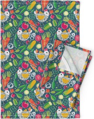 Farmhouse Garden Tea Towels | Set Of 2 - Chicken & Veggies By Selmacardoso Chickens Hens Summer Linen Cotton Spoonflower