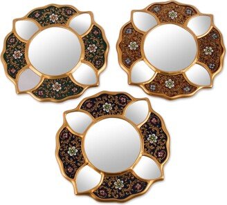 Handmade Set of 3 Plywood Floral Glory Reverse Painted Glass Wall Mirrors